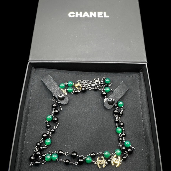CHANEL Jewelry - CHANEL Green and Black Bead Multi-Strand Necklace with Gold CC Charms
